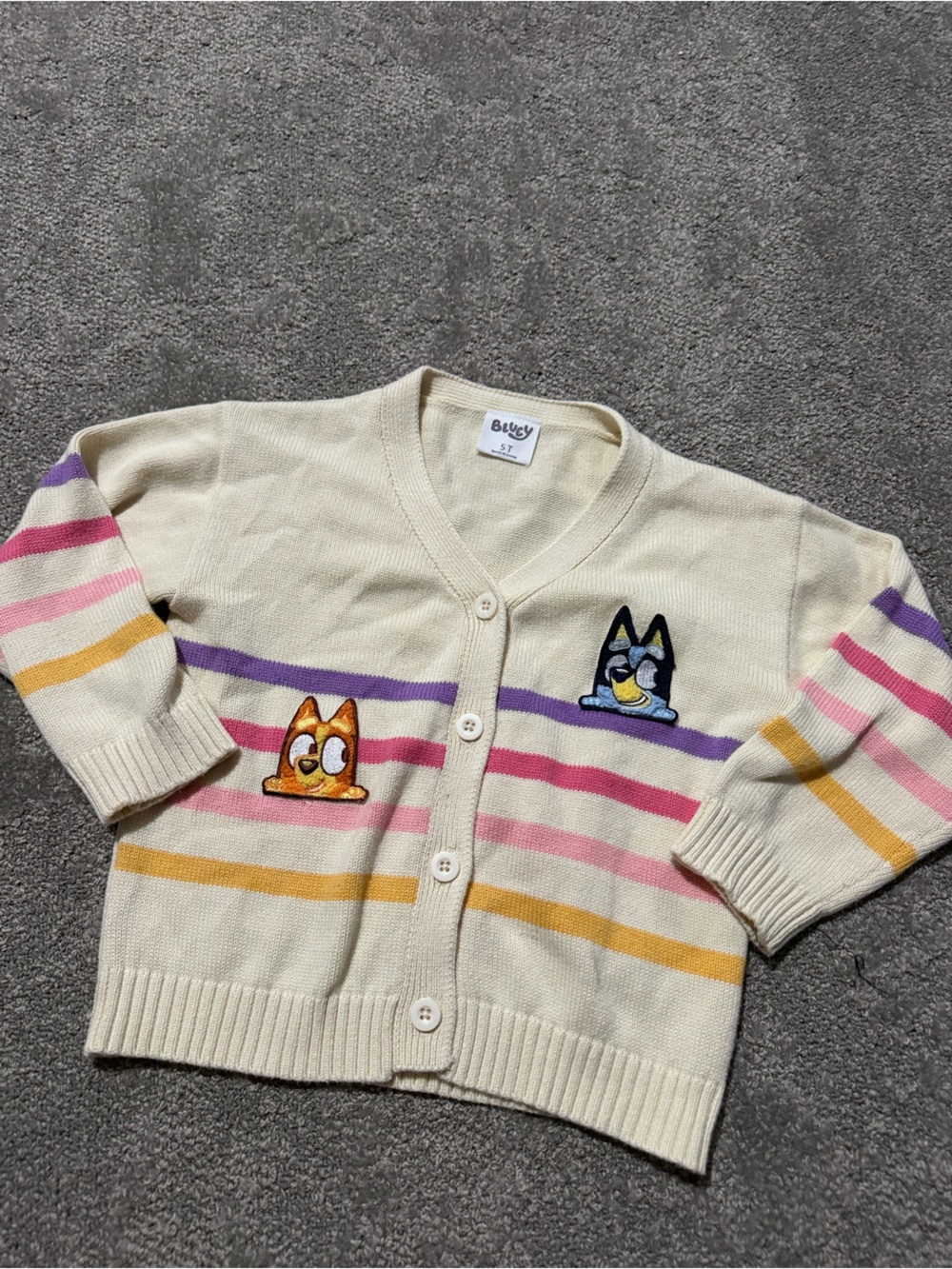 Bluey 5T kids button down cardigan sweater tan with stripes super soft‎